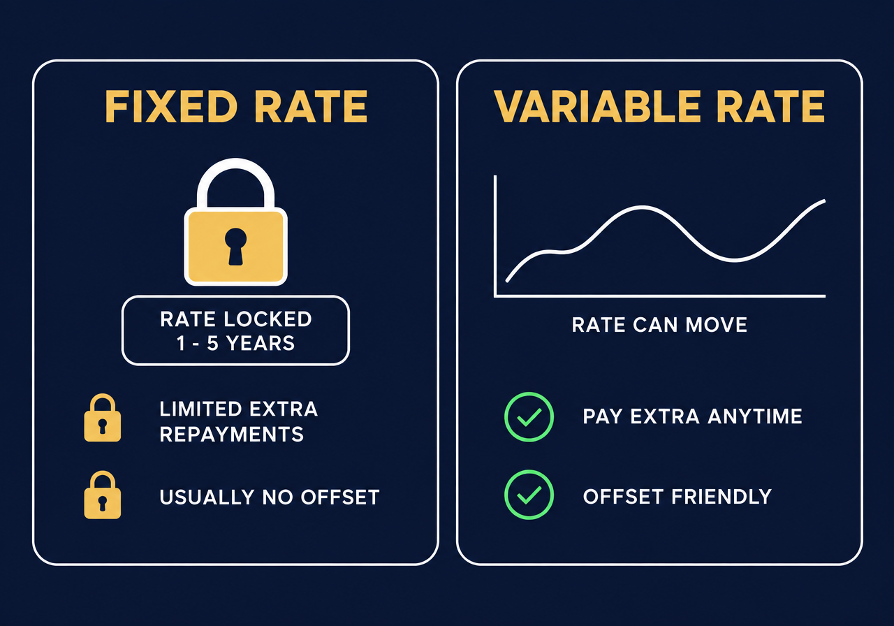 Diagram comparing a fixed rate, locked for one to five years with limited extra repayments and usually no offset, with a variable rate that can move but allows extra repayments and offset