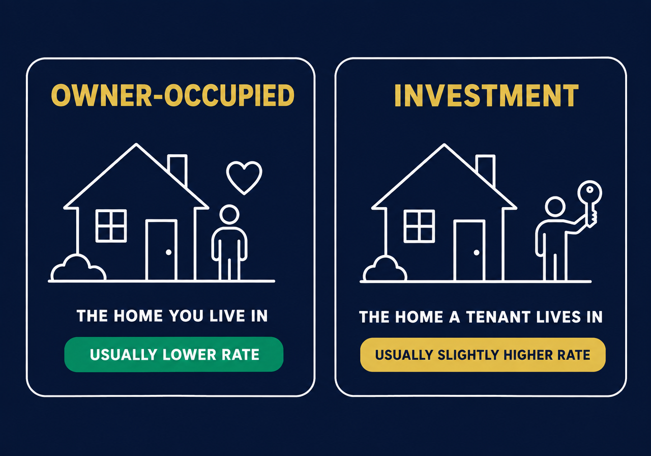 Diagram comparing an owner-occupied loan for the home you live in, usually at a lower rate, with an investment loan for a property a tenant lives in, usually at a slightly higher rate