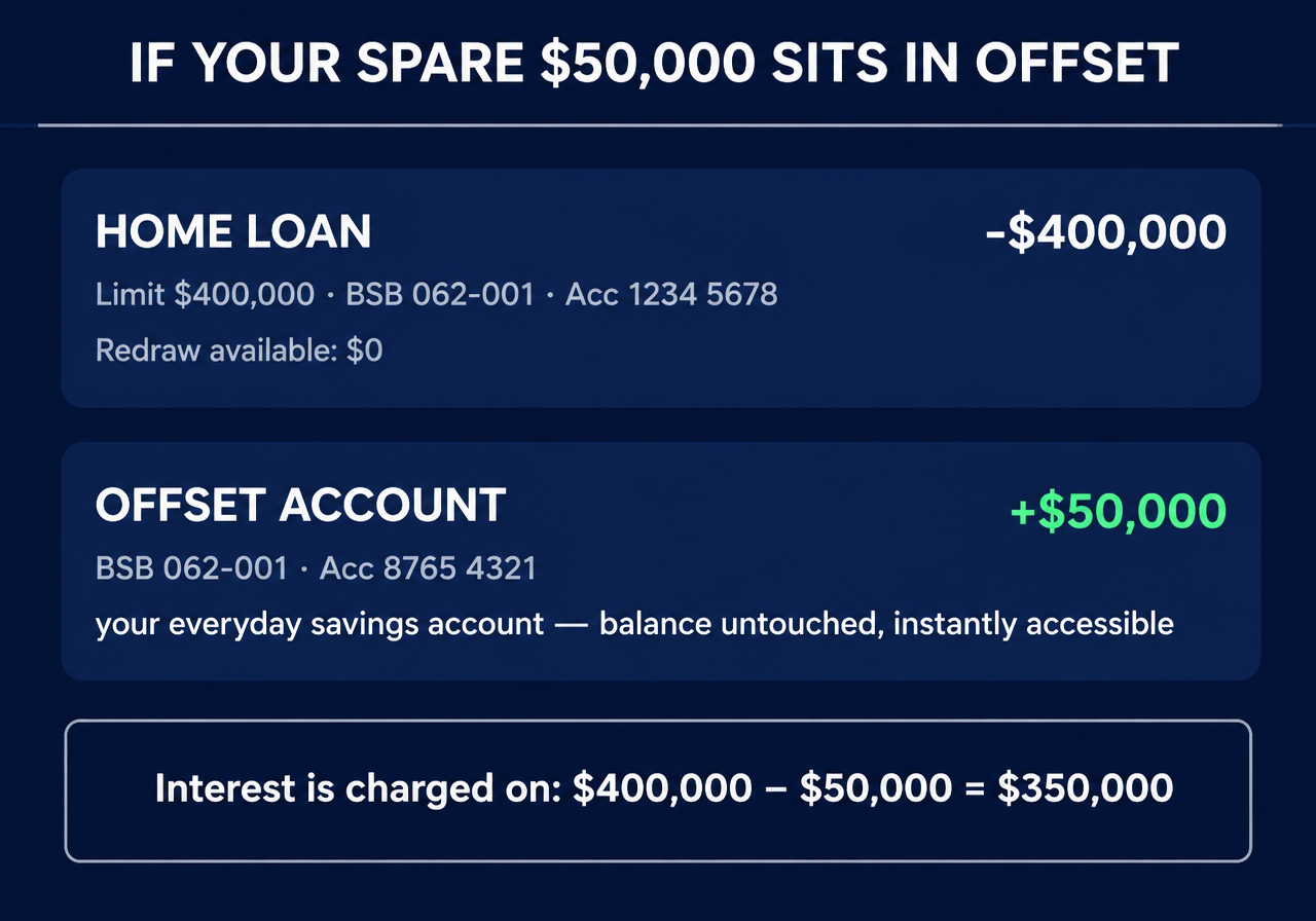 Banking app view with the $50,000 sitting in offset: home loan balance negative $400,000 with limit $400,000 and redraw available $0, offset account showing plus $50,000, interest charged on $400,000 minus $50,000 equals $350,000