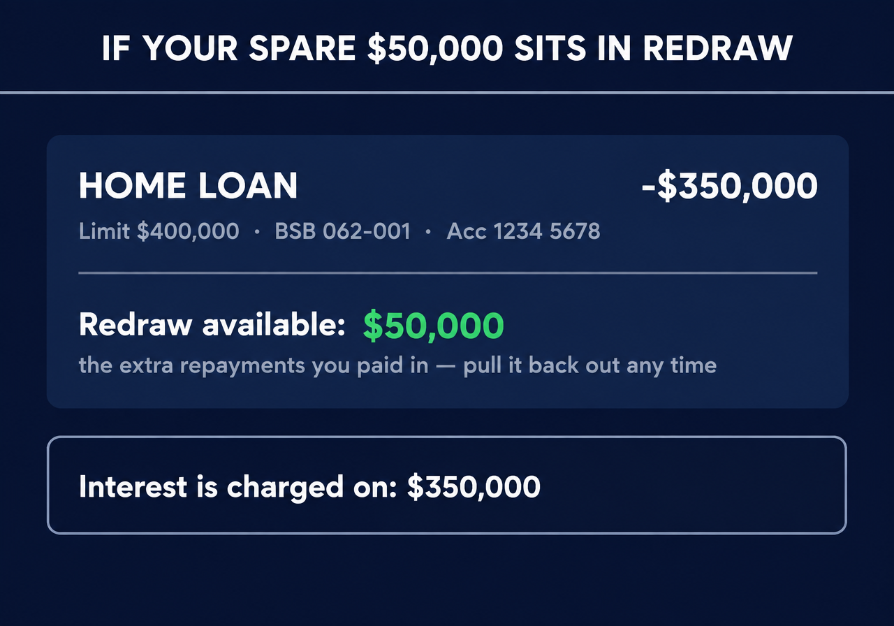 Banking app view with the $50,000 sitting in redraw: only the home loan account appears, balance negative $350,000 with limit $400,000 and redraw available $50,000, interest charged on $350,000